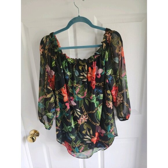 Frank Lyman Montreal Off the Shoulder Chiffon Glam Peasant Boho Blouse SZ16 - Picture 2 of 7